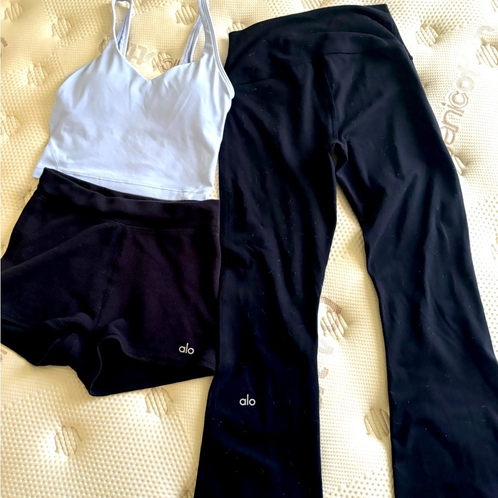 Women’s Alo flare black leggings XS, shorts XS, and Lululemon lilac size 2 top
